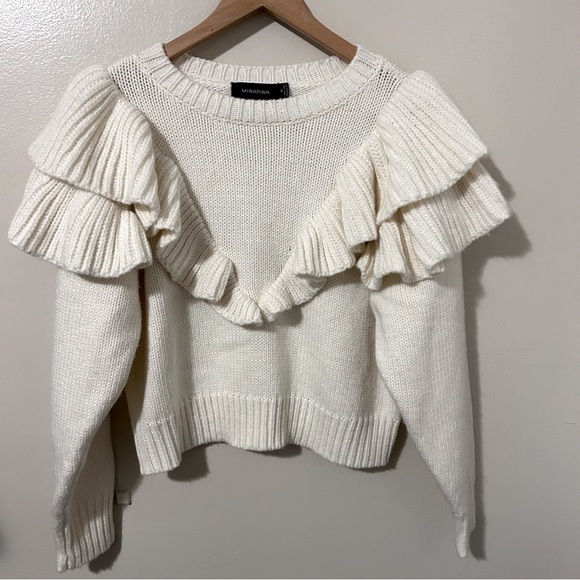 Mink Pink Carice Exaggerated Ruffle Sleeve Knit Cream Sweater Medium Cotton Wool - Picture 2 of 7